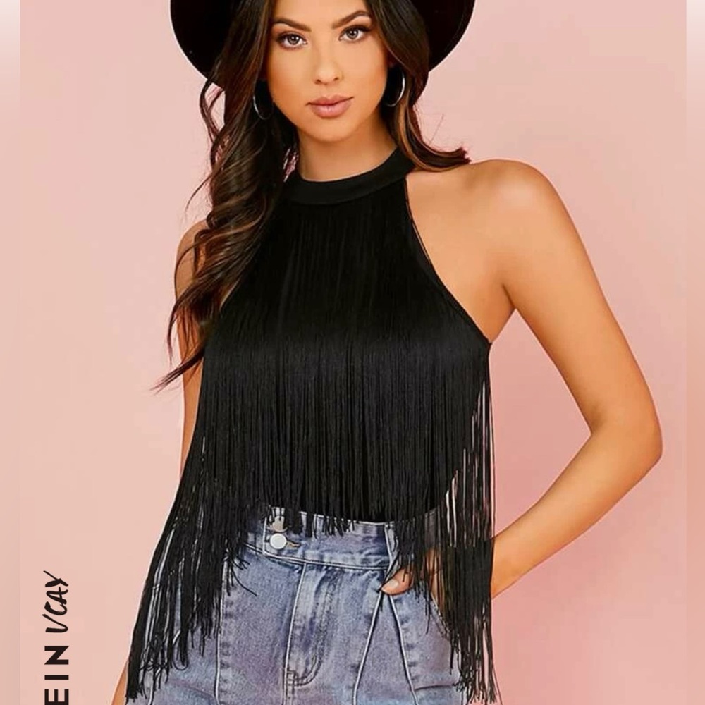 NWOT black bodysuit with fringe.
